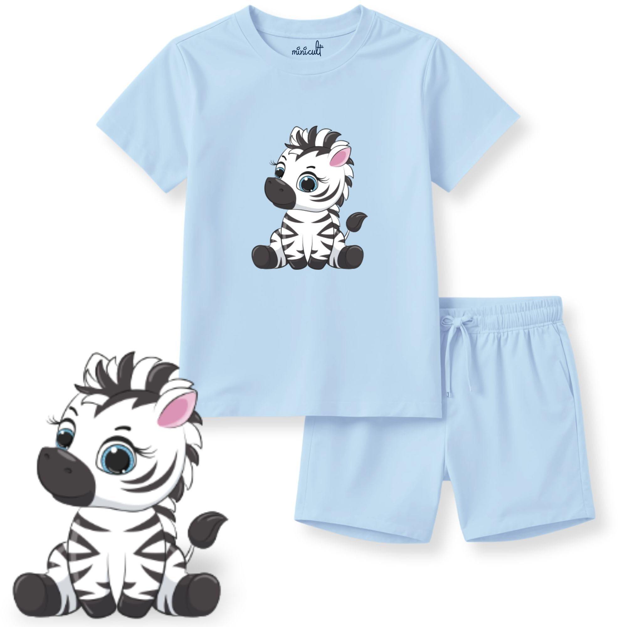 minicult Kids Cotton Shorts with Tshirt - Beige Blue - Image 3