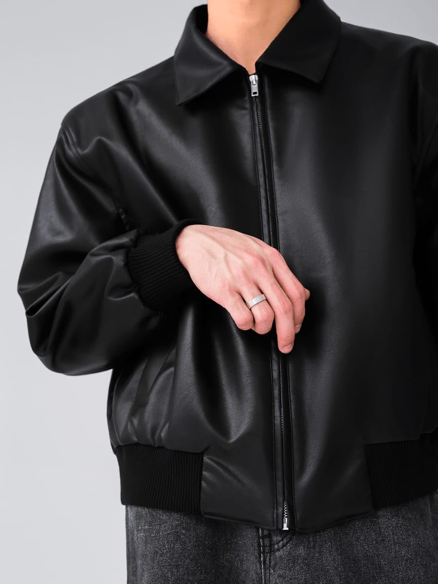 GarbGlide Men's Black Faux Leather Bomber Jacket - Image 3