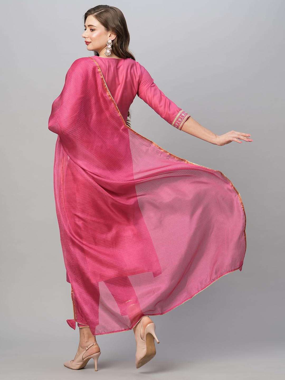 GoSriKi Women's Floral Kurta with Pant & Dupatta - Pink - Image 2