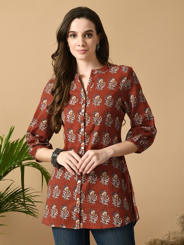 Meesan Women's Rust Printed Cotton Tunic Top - Image 4