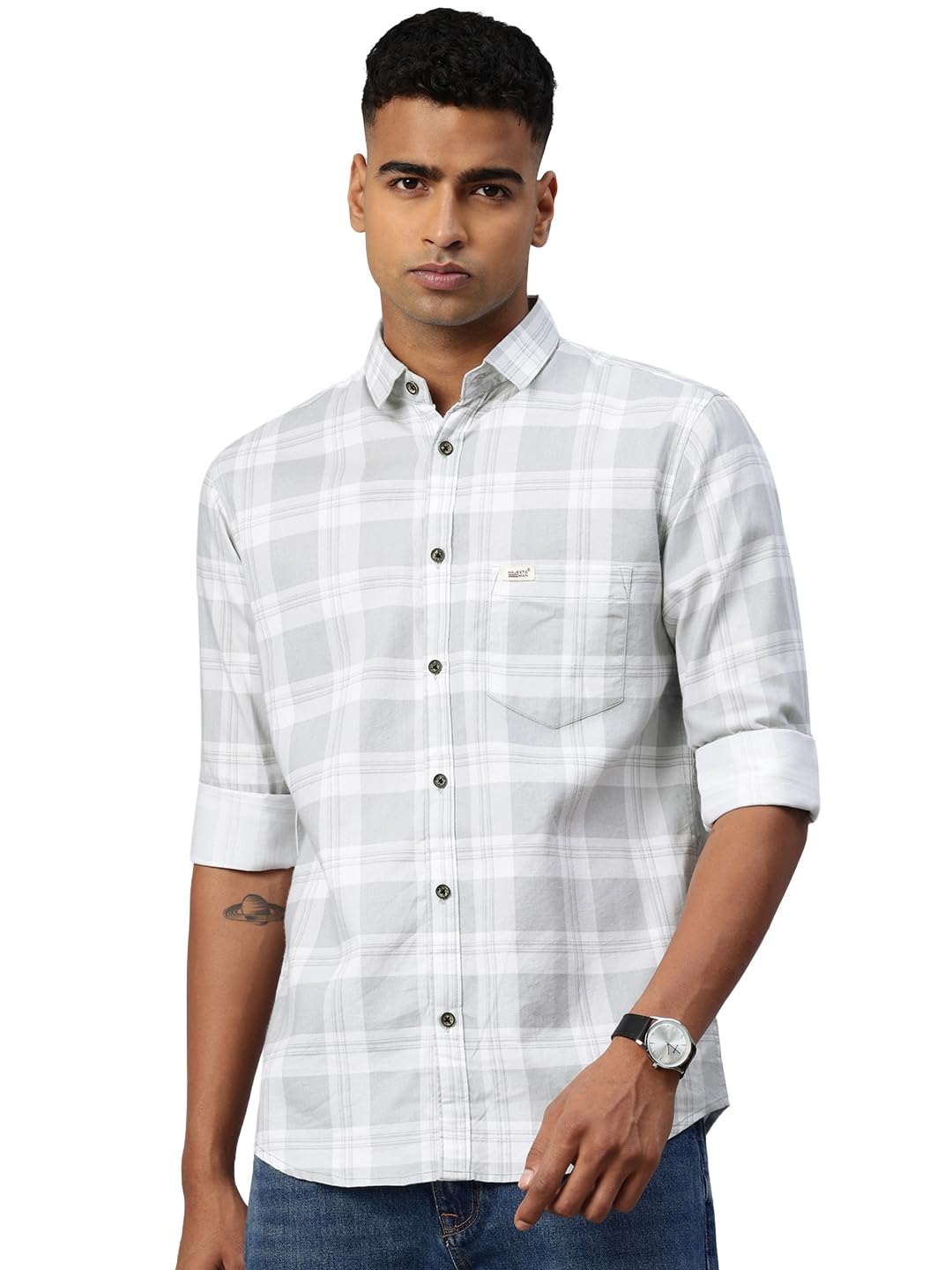 Majestic Man Checked Cotton Shirt for Men - Light Grey