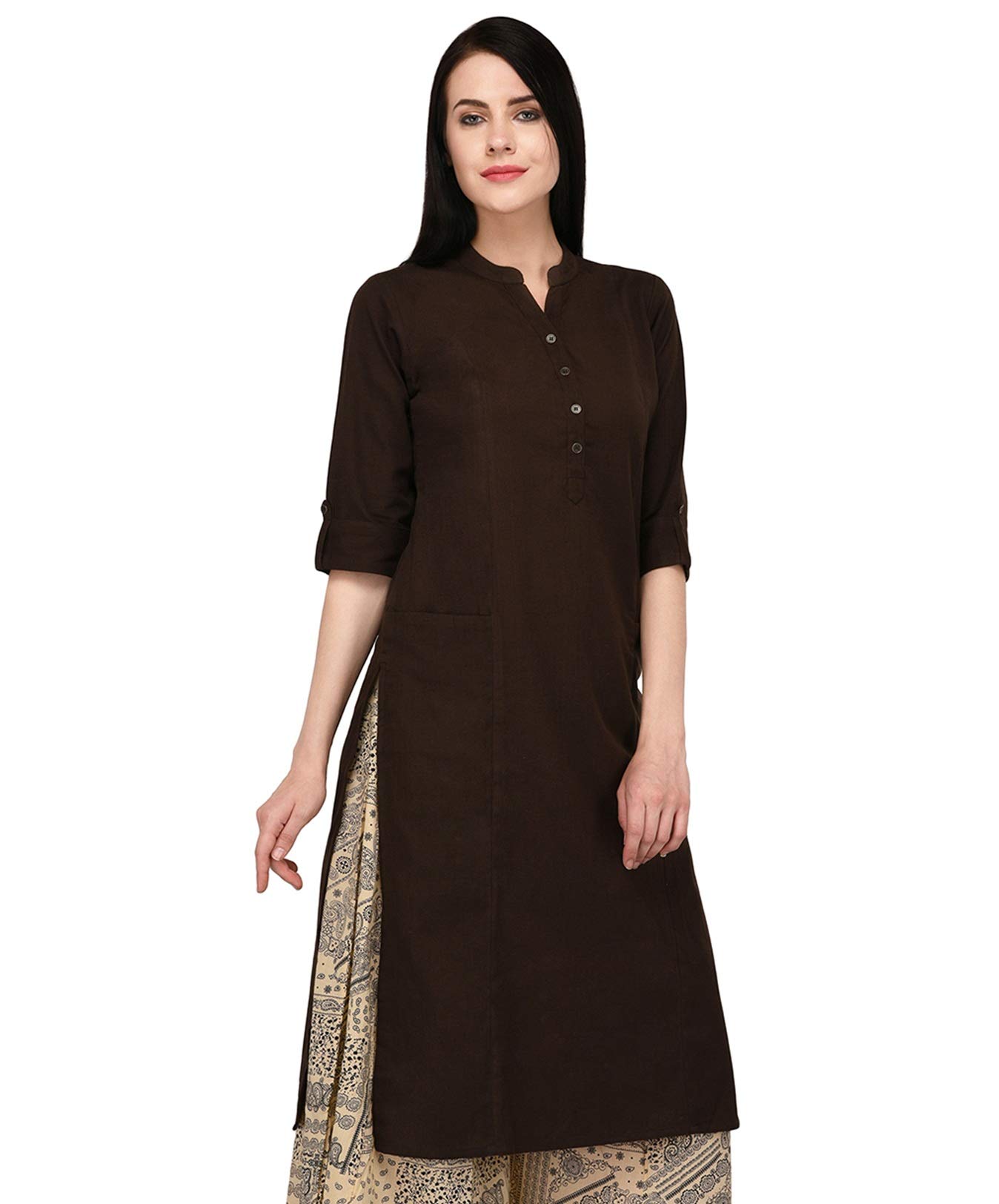 Pistaa Women's Cotton Straight Kurta - Brown - Image 2