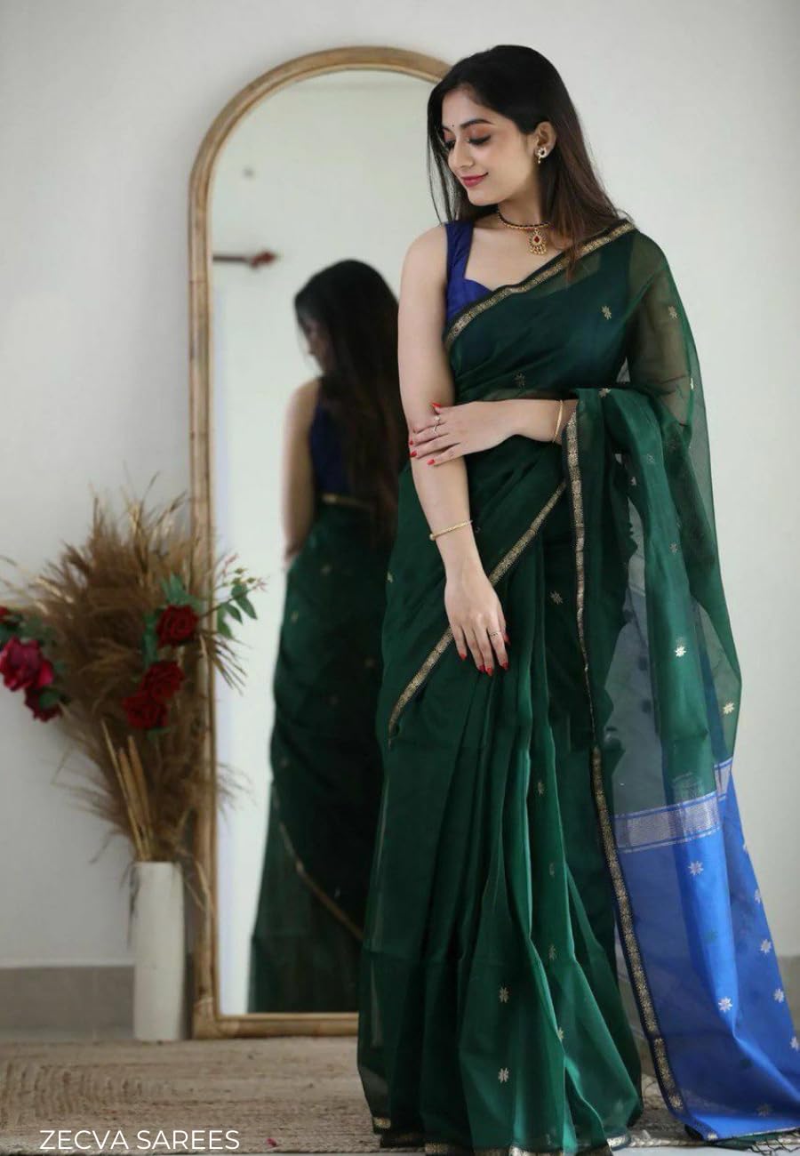 ZECVA Lichi Silk Saree for Women - Dark Green Blue - Image 5