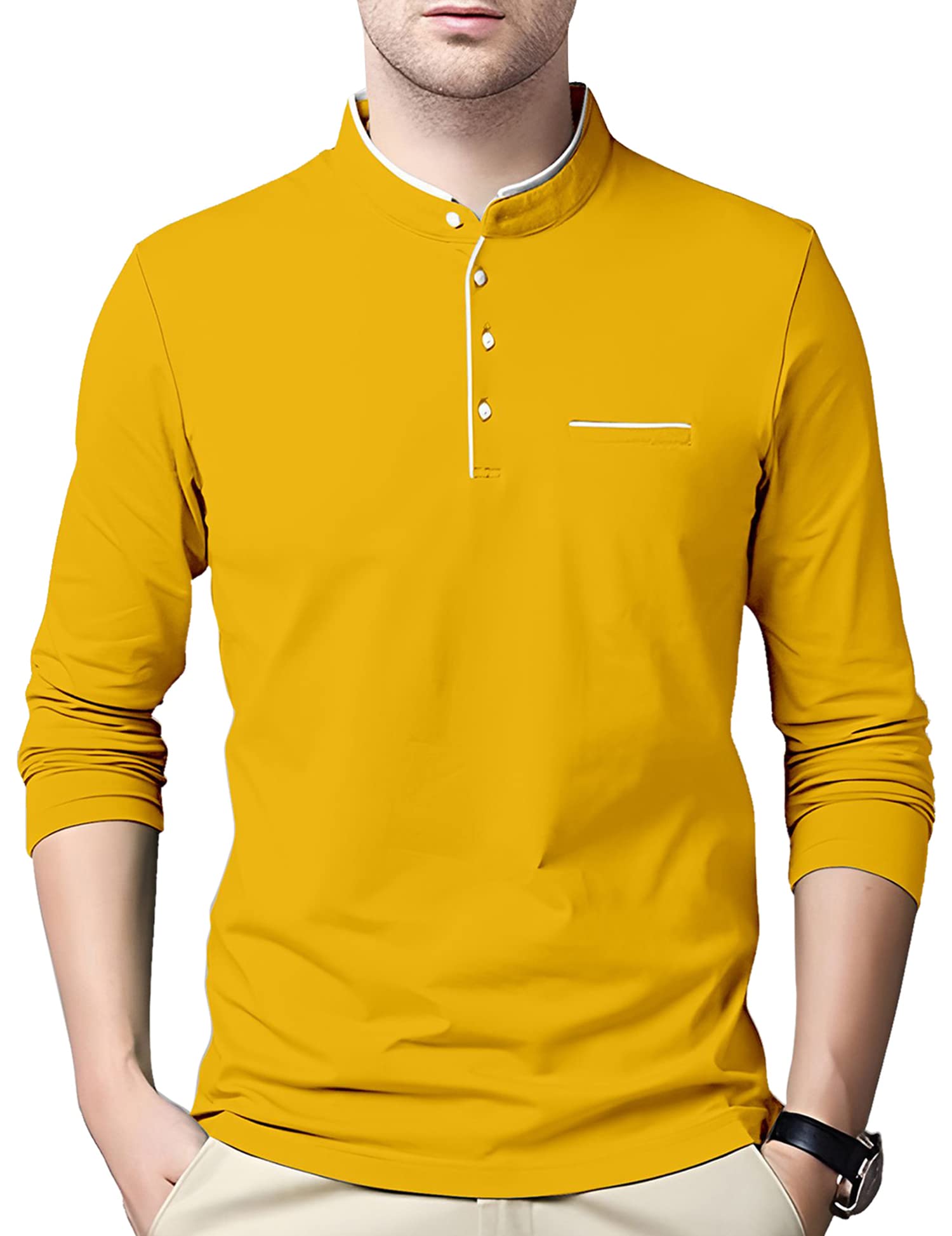 AUSK Men's Yellow Cotton Henley Neck T-Shirt
