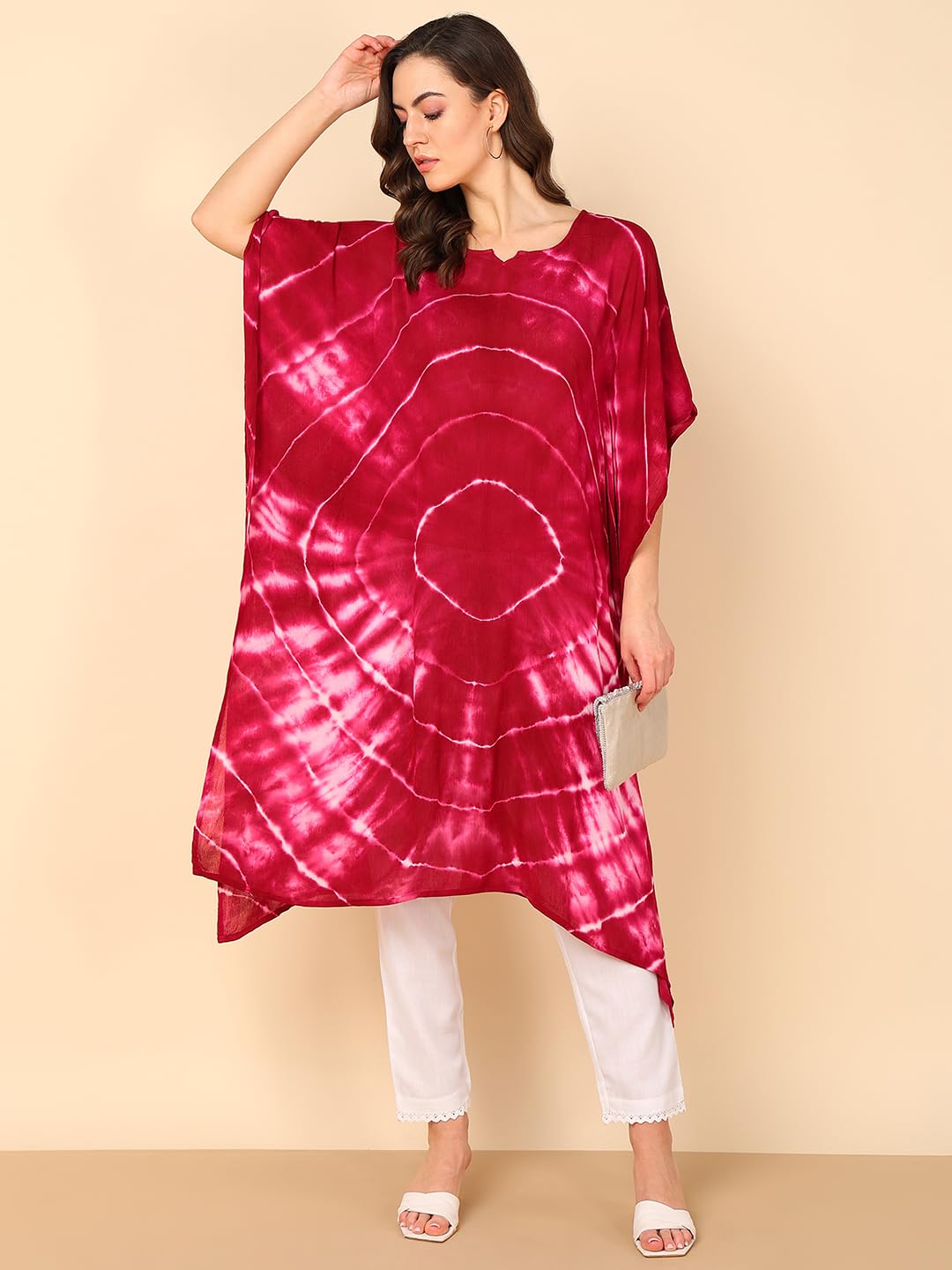 Maaesa Women Tie and Dye Crepe Kaftan Kurta - Pink - Image 5