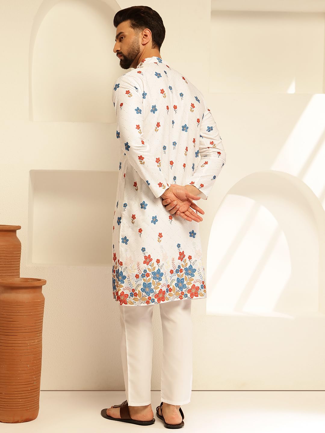 SOJANYA Men's White Cotton Kurta Pyjama Set - Image 4