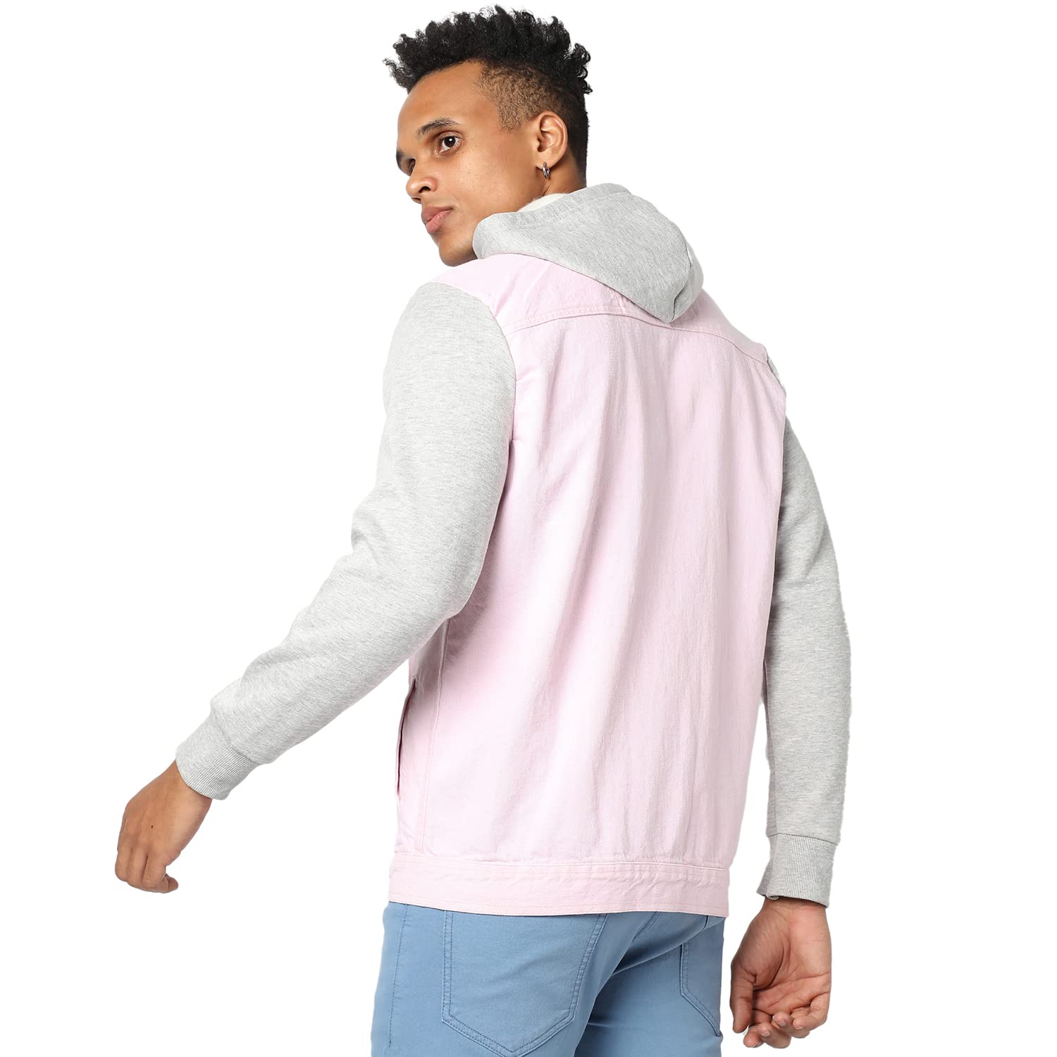 Campus Sutra Men's Pink Grey Denim Jacket with Hoodie - Image 3