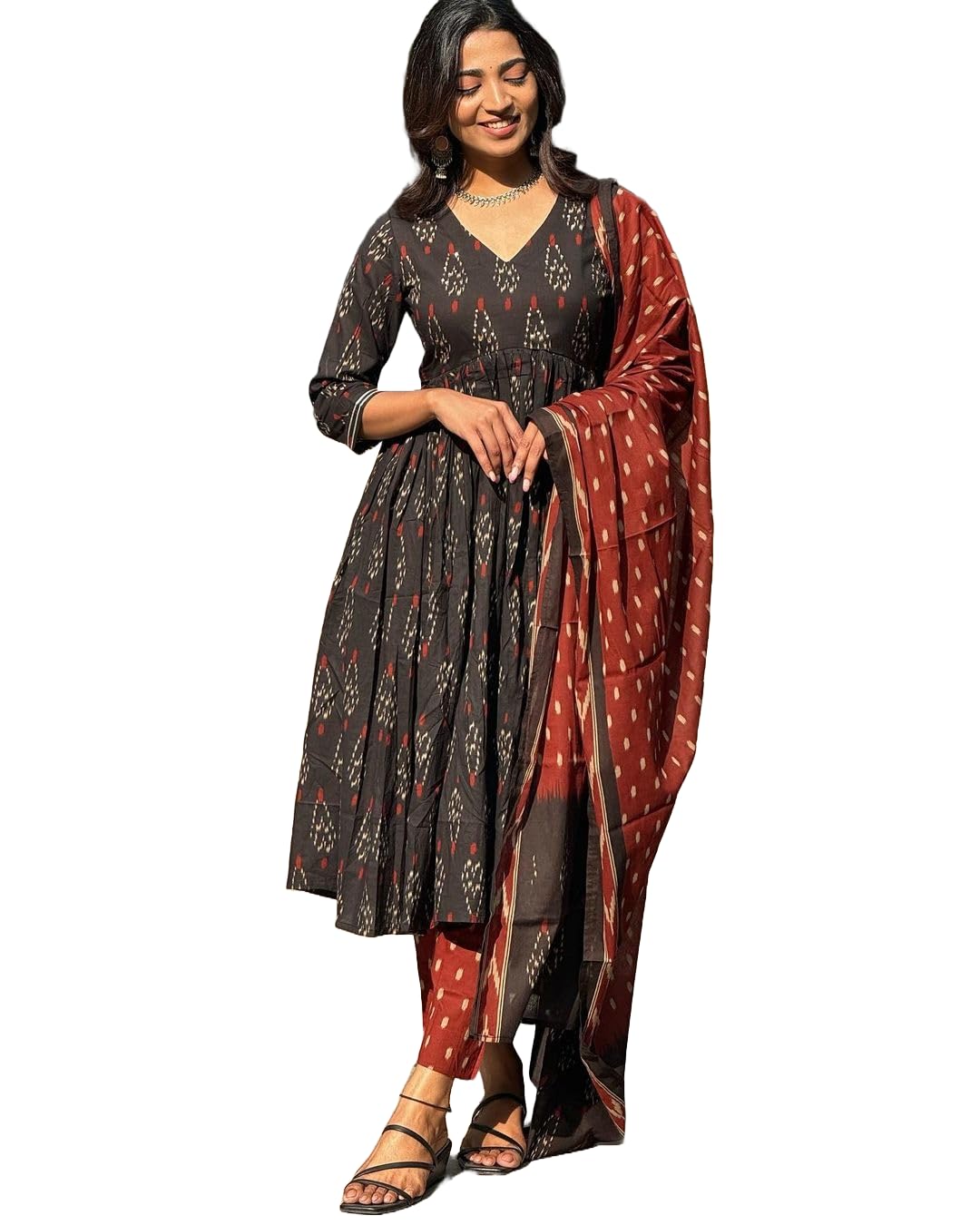 KLOSIA Black V-Neck Kurta Pant Dupatta Set for Women