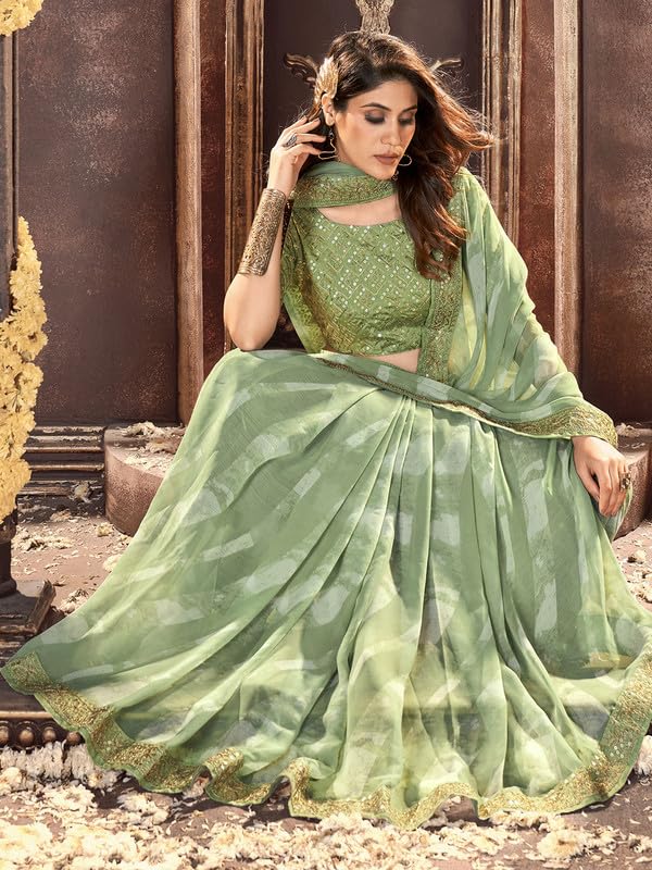 SIRIL Women's Laheriya Printed Georgette Saree - Mint Green - Image 2