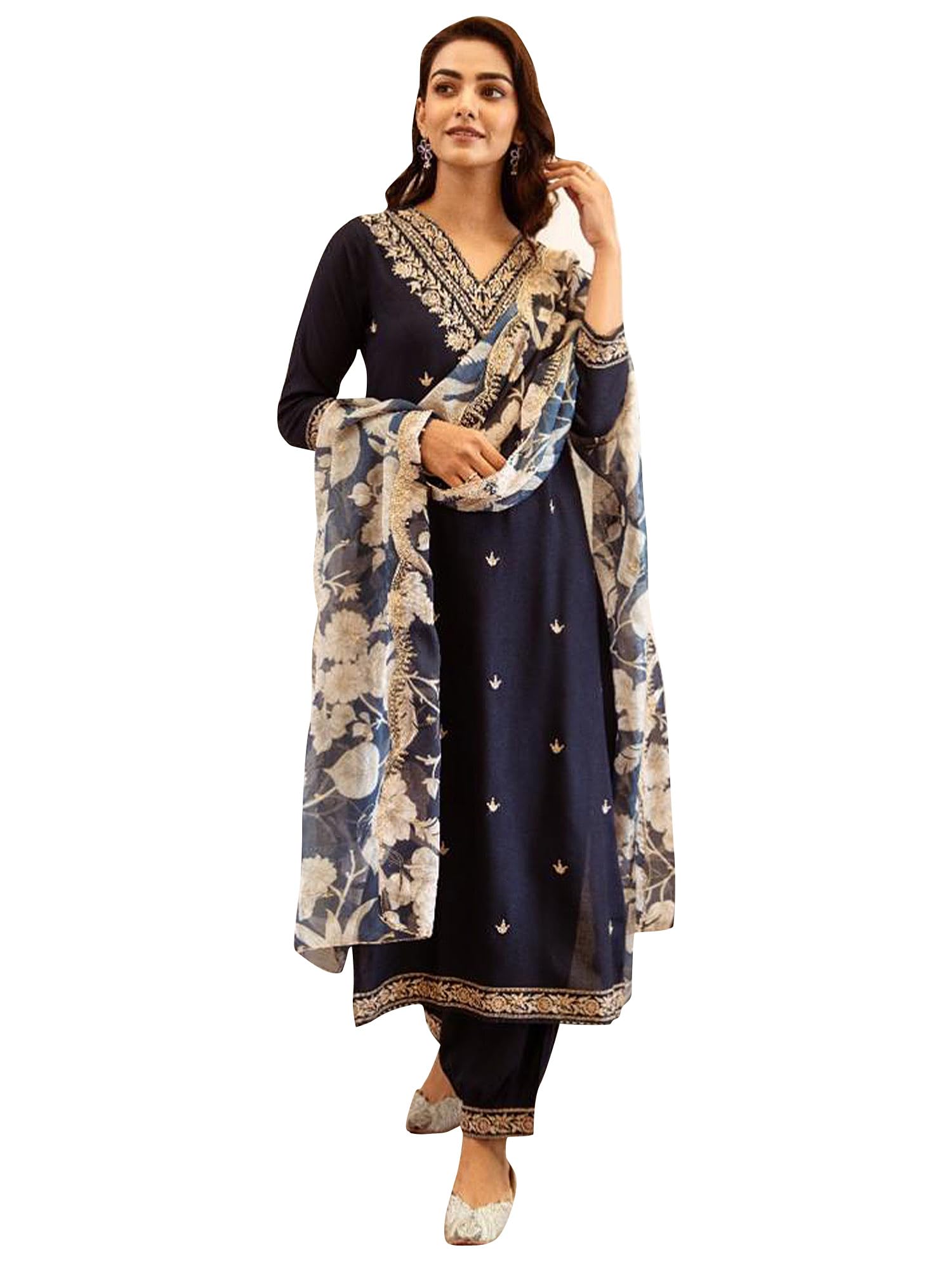 INDO ERA Navy Blue Embroidered Kurta Pant Dupatta Set for Women