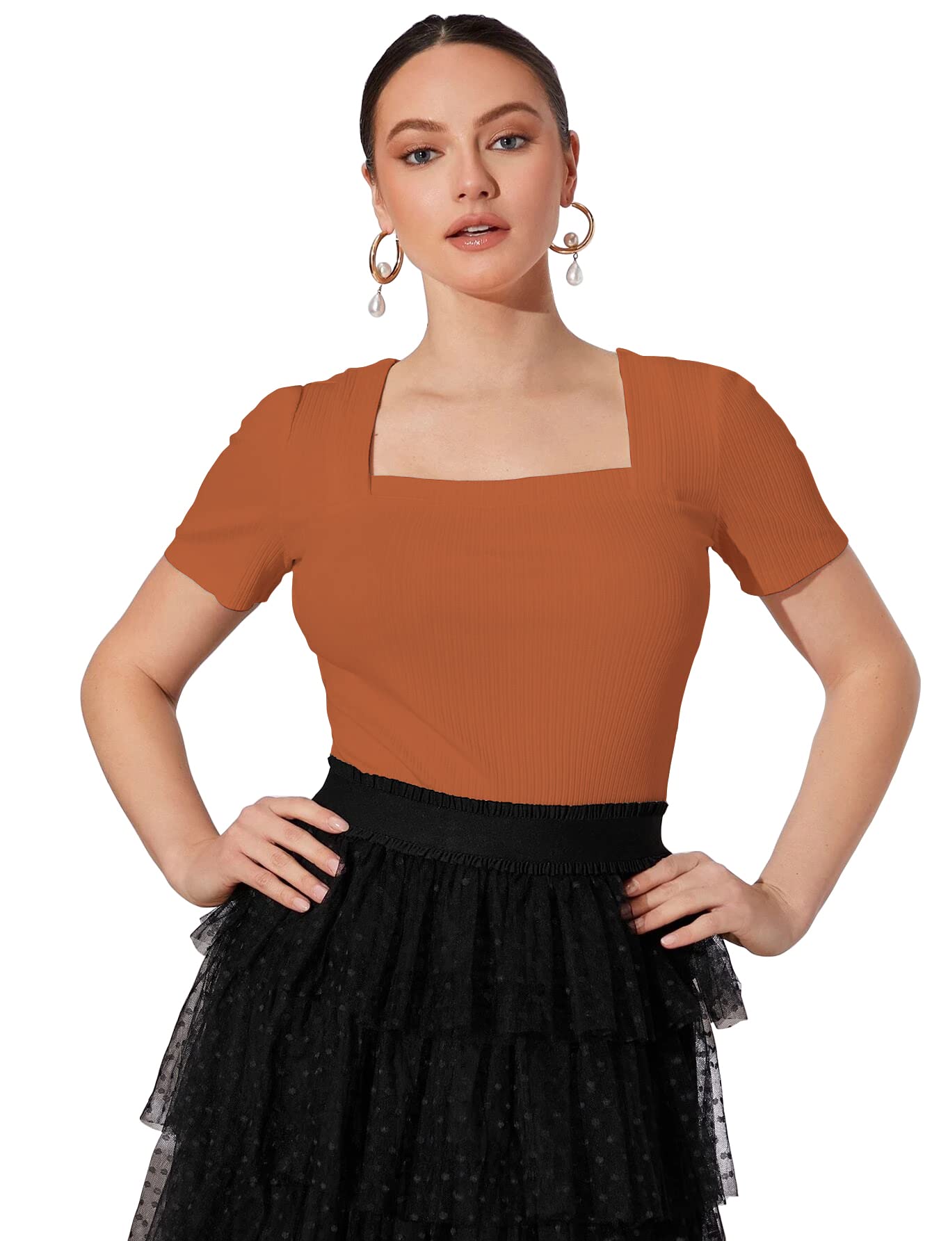 Shasmi Rust Square Neck T-Shirt for Women