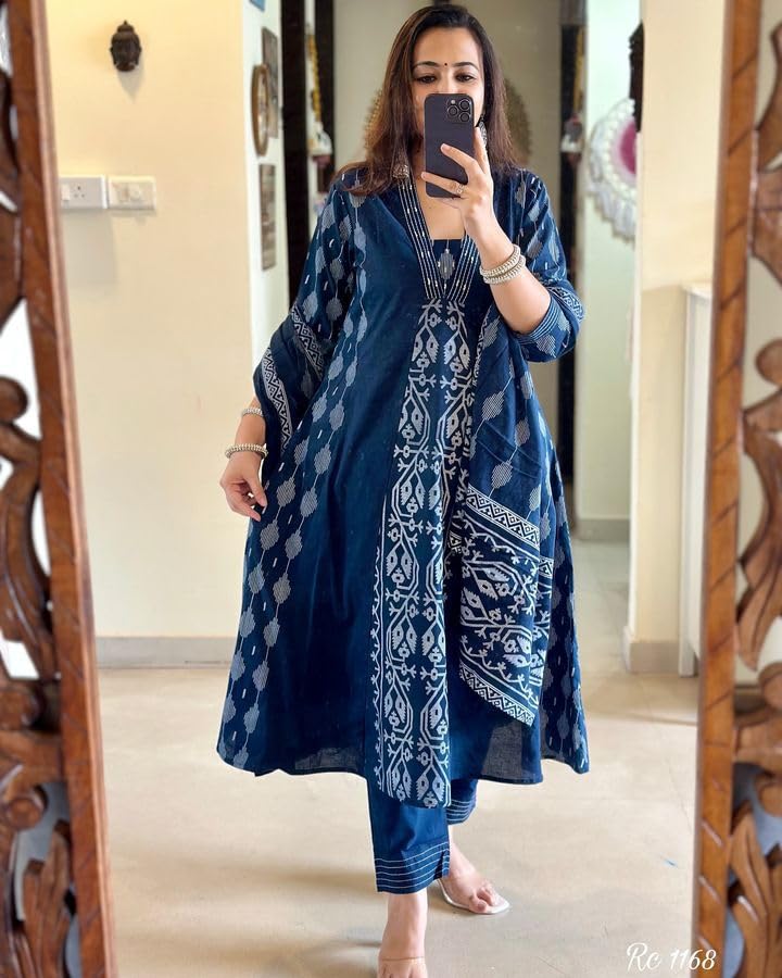 Rangnavi Women's Cotton Anarkali Kurta Set - Blue - Image 4