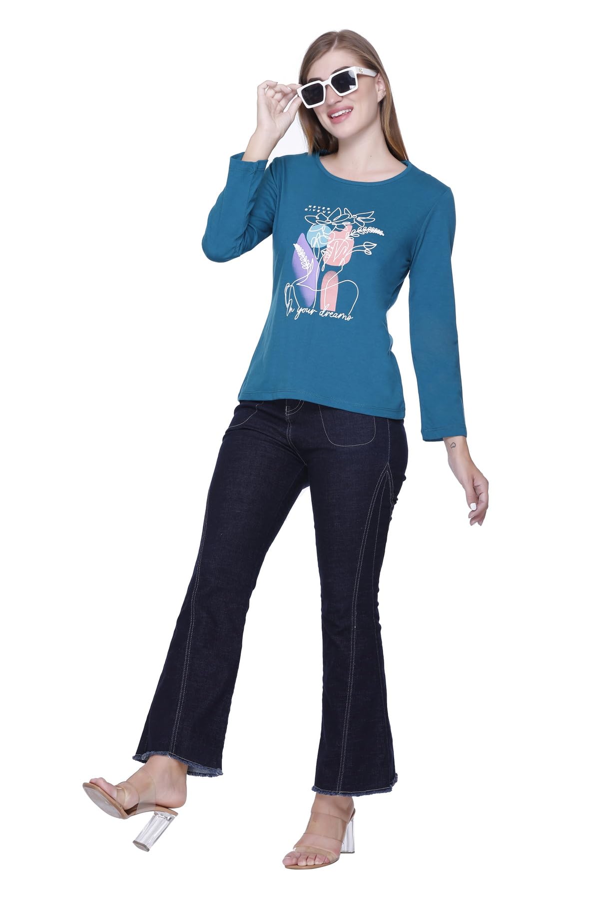 Star Touch Teal Full Sleeve Cotton T-Shirt for Women - Image 2