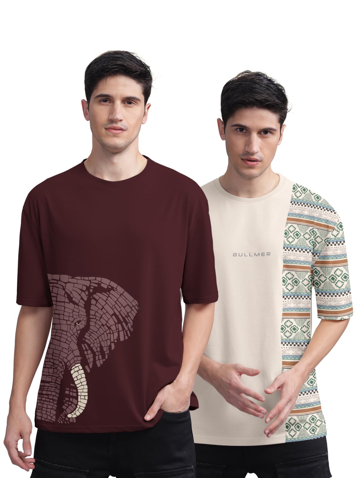 BULLMER Men's Round Neck T-Shirt - Maroon & Beige