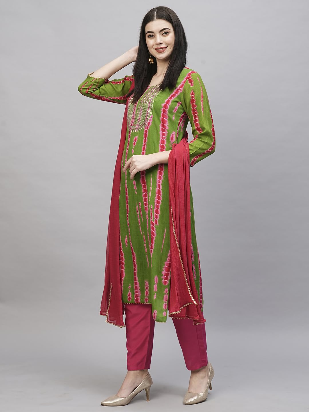 GoSriKi Women's Rayon Blend Kurta with Pant & Dupatta - Green - Image 3