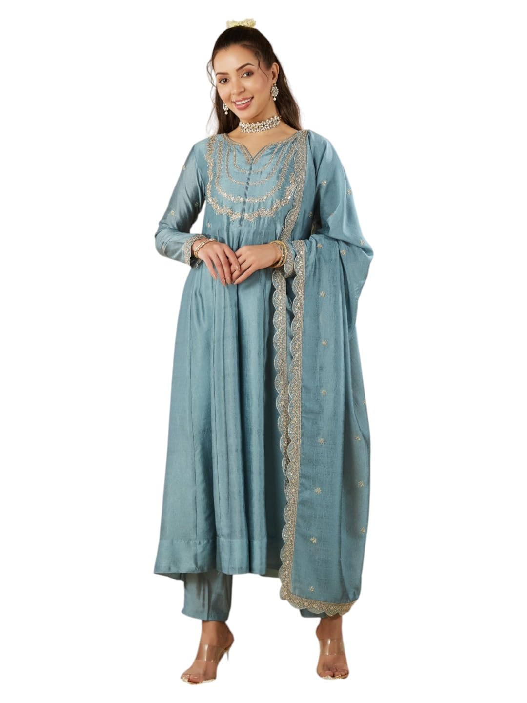 MOKOSH Women's Silk Embroidered Teal Blue Kurta Set