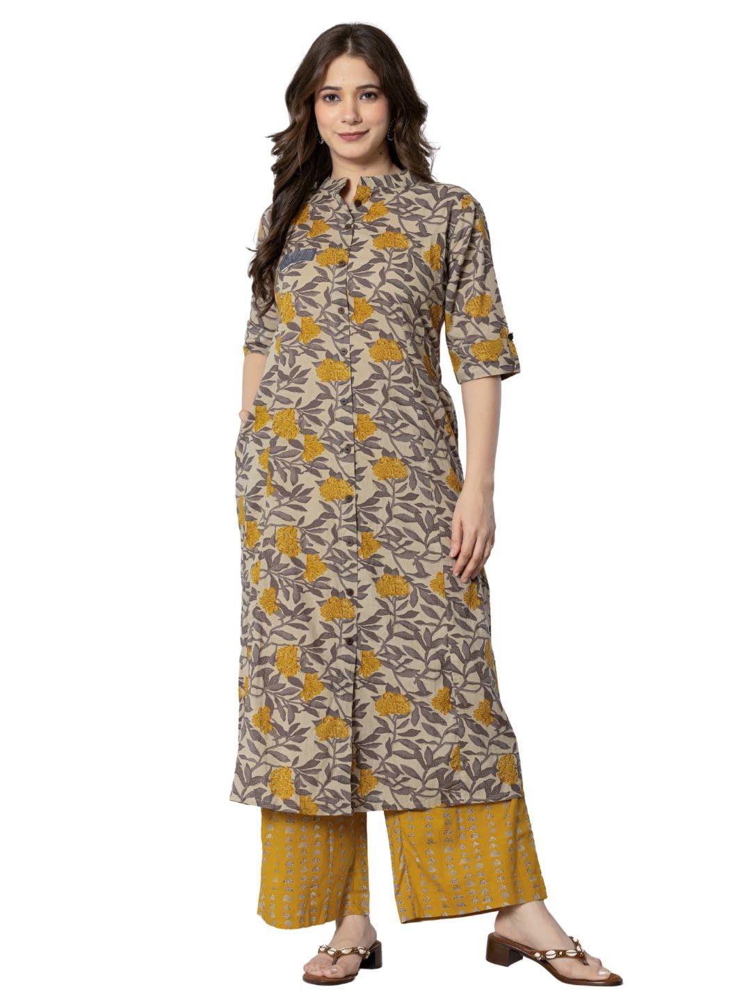rytras Cotton Printed A-Line Kurta with Palazzo Pant for Women - Mustard