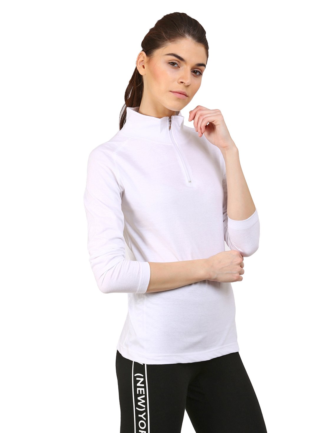 Ap'pulse Women's 1/4 Zip Slimfit Raglan Sleeve Tshirt - White - Image 2