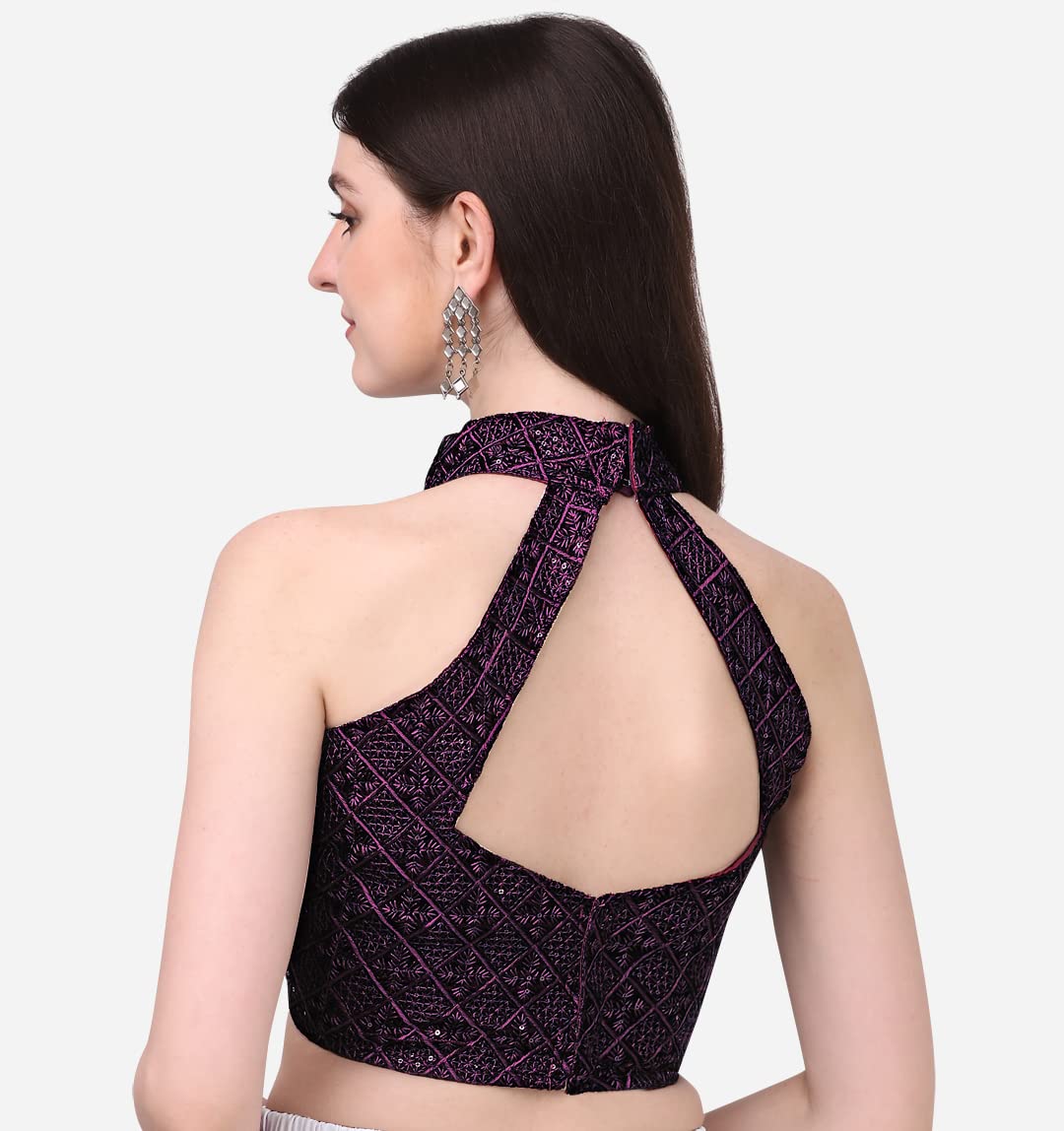 Pujia Mills Wine Halter Neck Saree Blouse for Women - Image 3