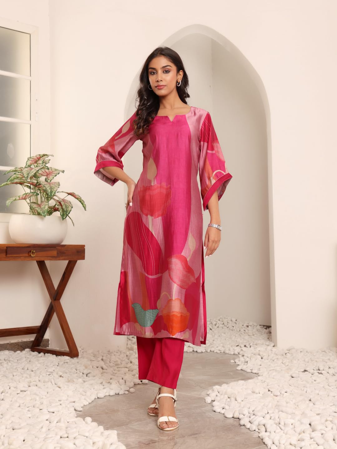 Varanga Women's Chanderi Kurta - Fuchsia Pink - Image 2