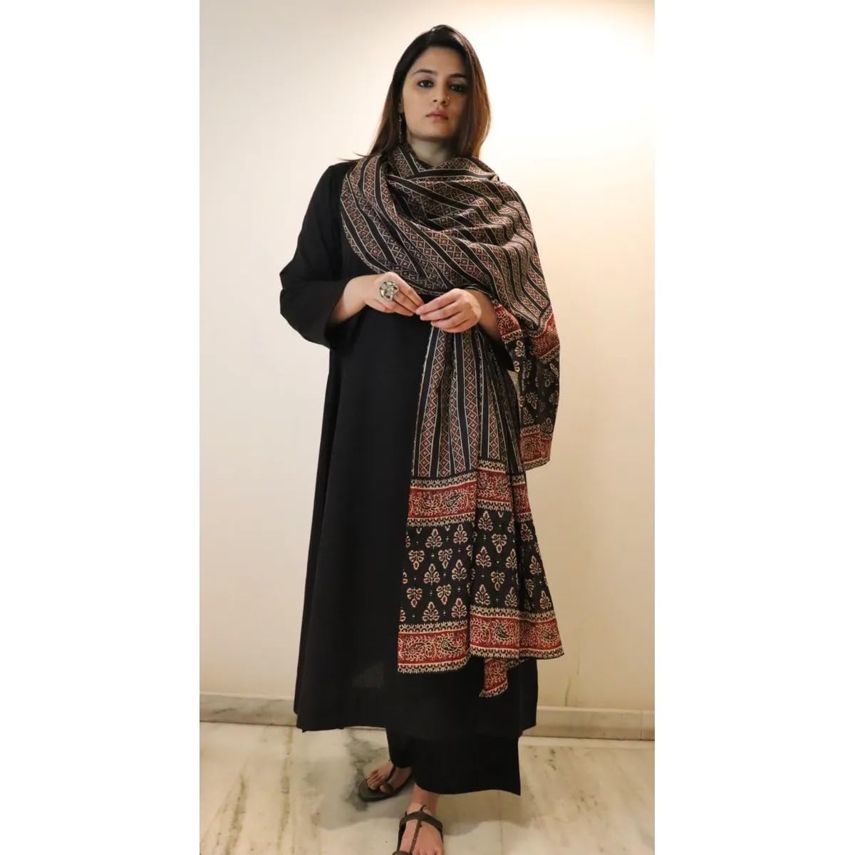 GoSriKi Women's Anarkali Kurta with Pant & Dupatta - Black - Image 4