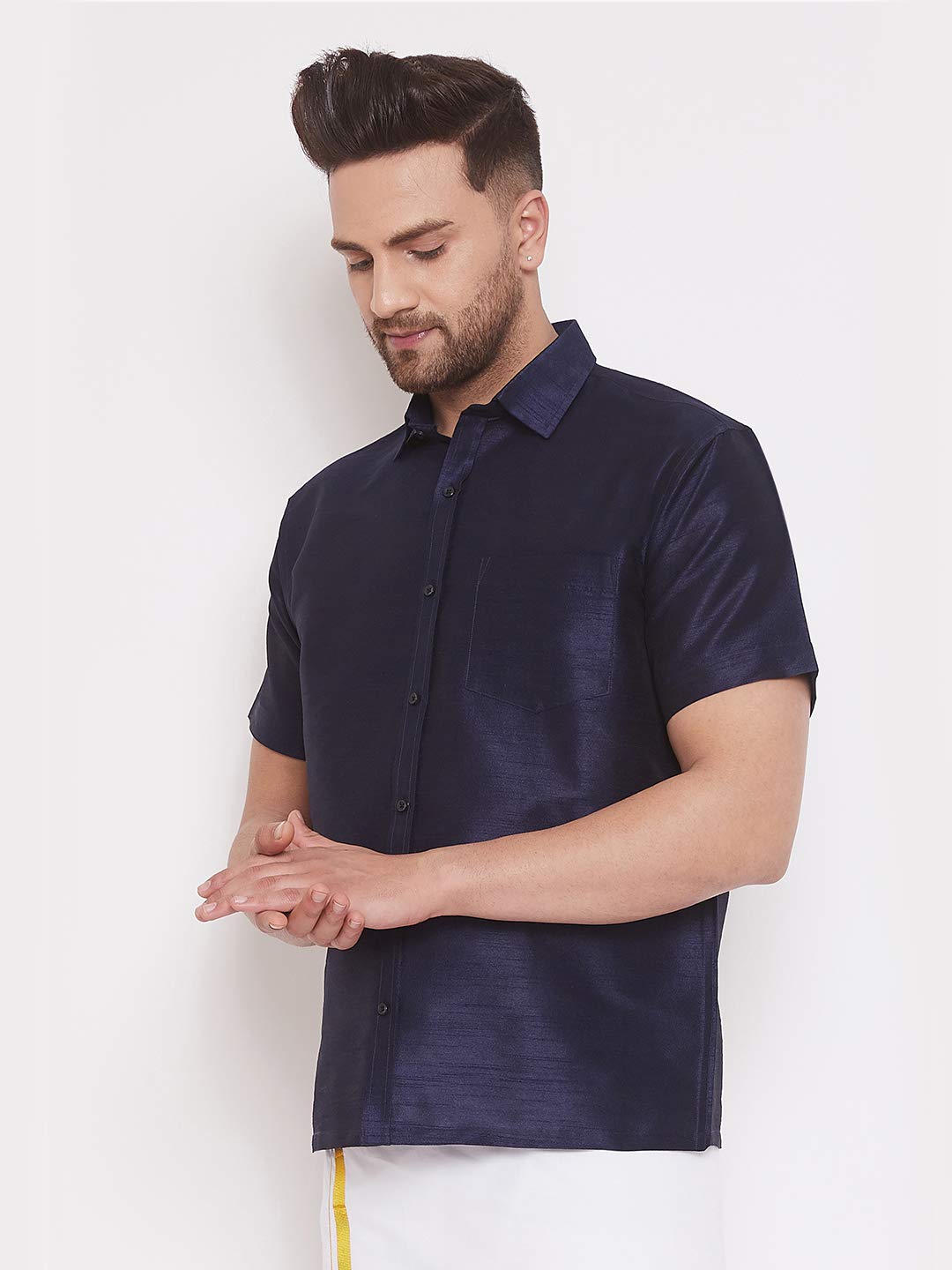VASTRAMAY Navy Blue Ethnic Shirt for Men - Image 2