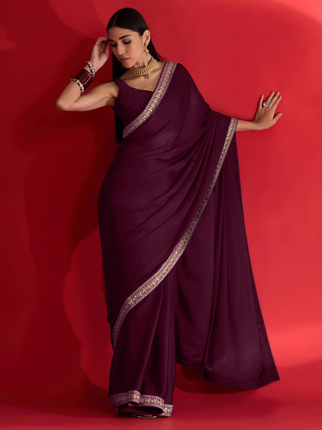 AKHILAM Women Magenta Satin Saree - Image 5