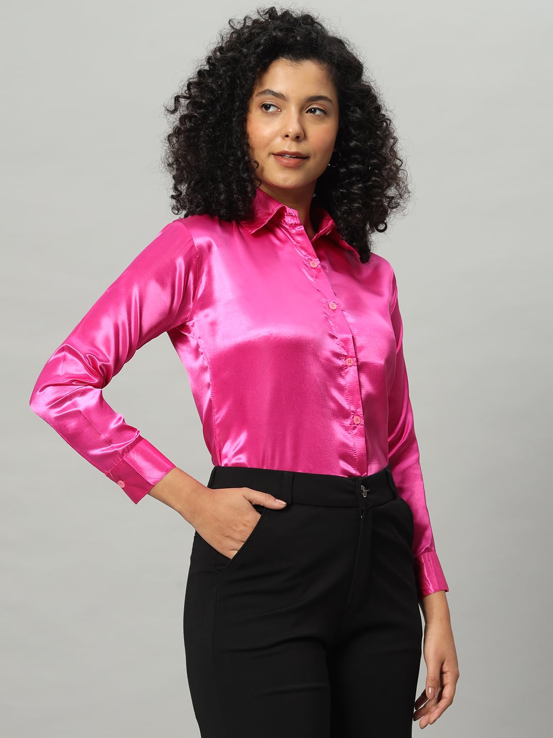 FUNDAY FASHION Women Solid Formal Satin Shirt - Rani Pink - Image 3
