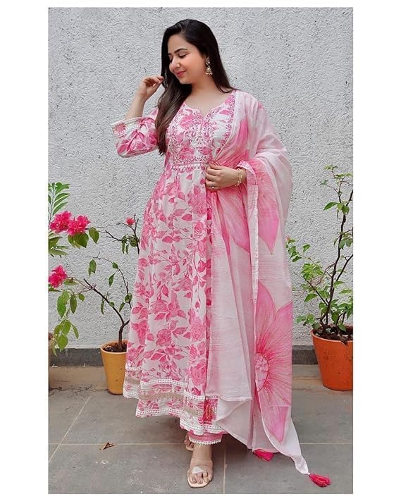 Kurti Pant Dupatta Set for Women - Pink Floral - Image 2