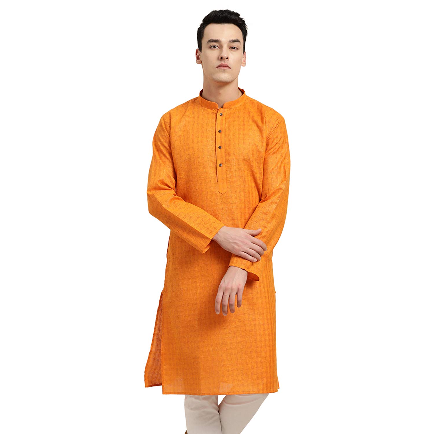 SOJANYA Men's Cotton Linen Checked Long Kurta - Orange