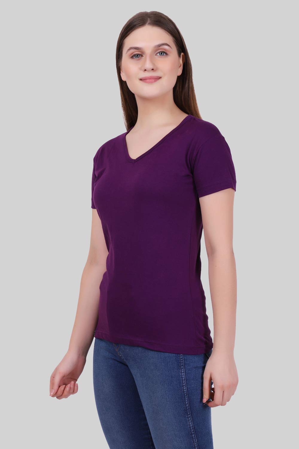 FLEXIMAA Women's Cotton V Neck T-Shirt - Purple - Image 5