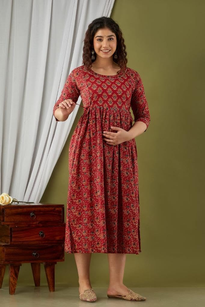 GarbGlide Women's Maternity Anarkali Kurti - Red - Image 4