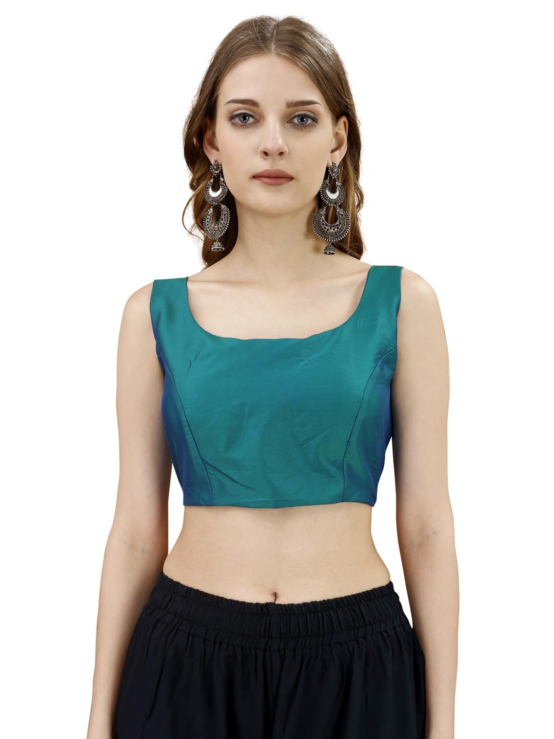 Womanista Teal Tafeta Sequinned Sleeveless Blouse for Women