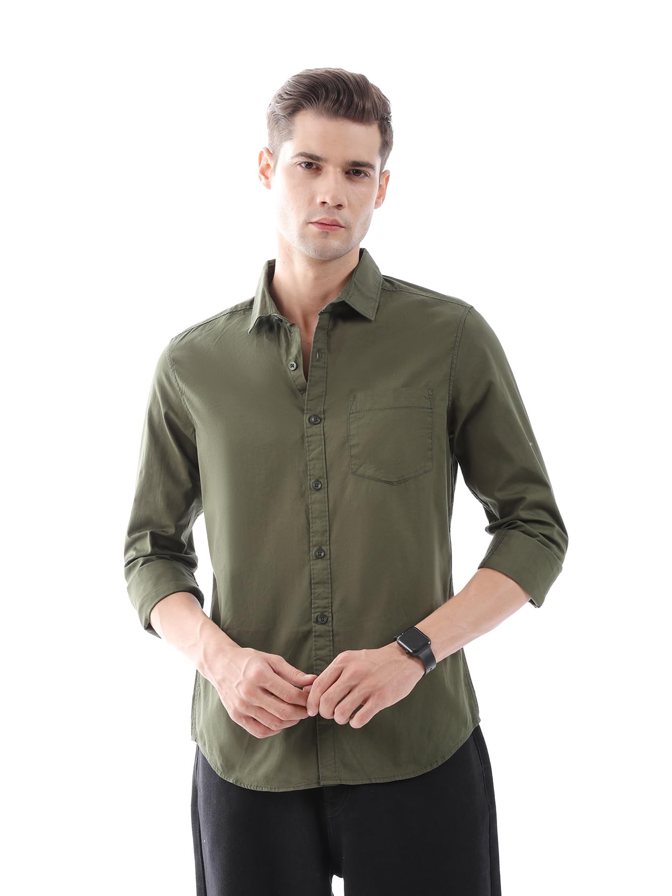 The Indian Garage Co Olive Slim Fit Cotton Shirt for Men