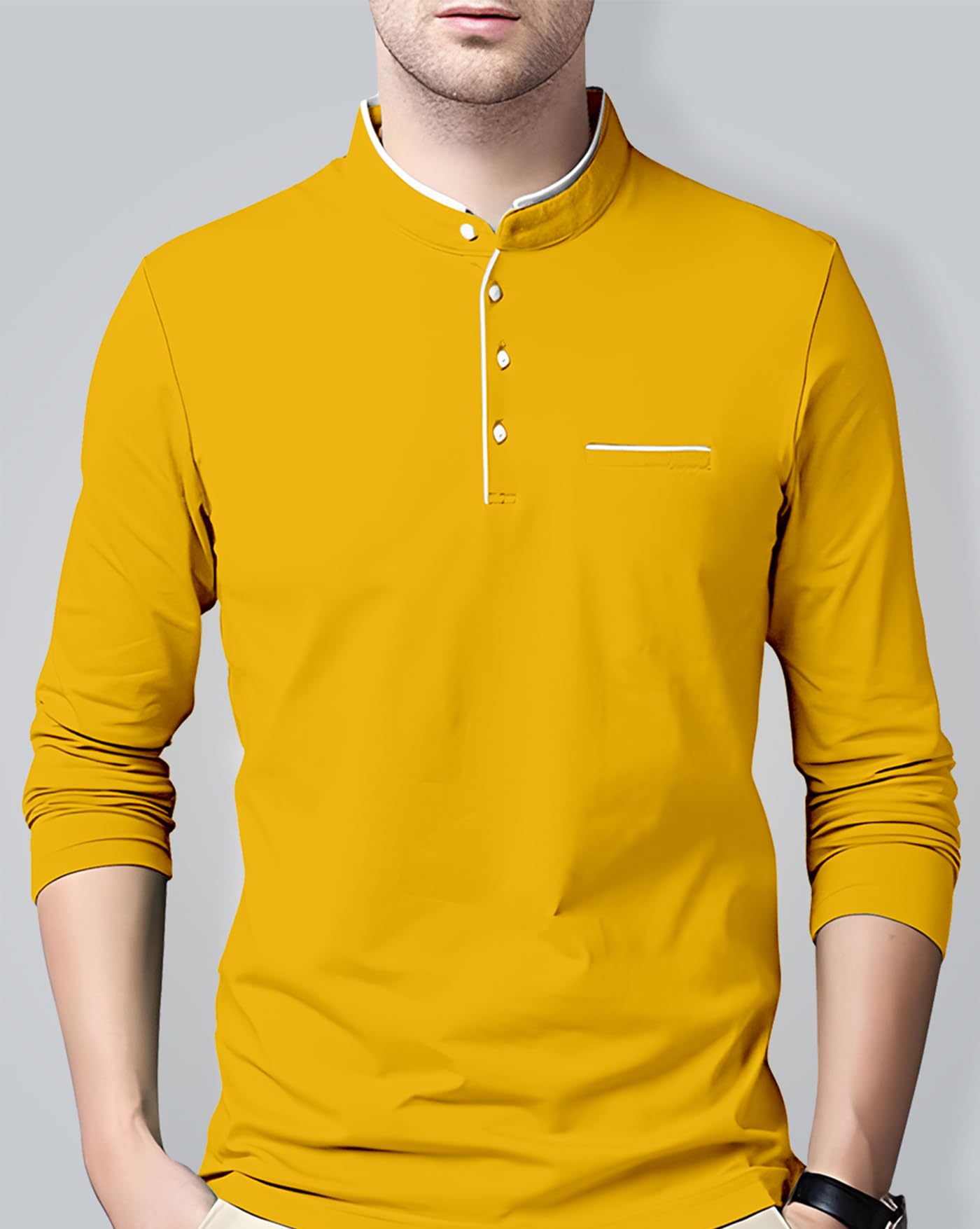 AUSK Men's Yellow Cotton Henley Neck T-Shirt - Image 4