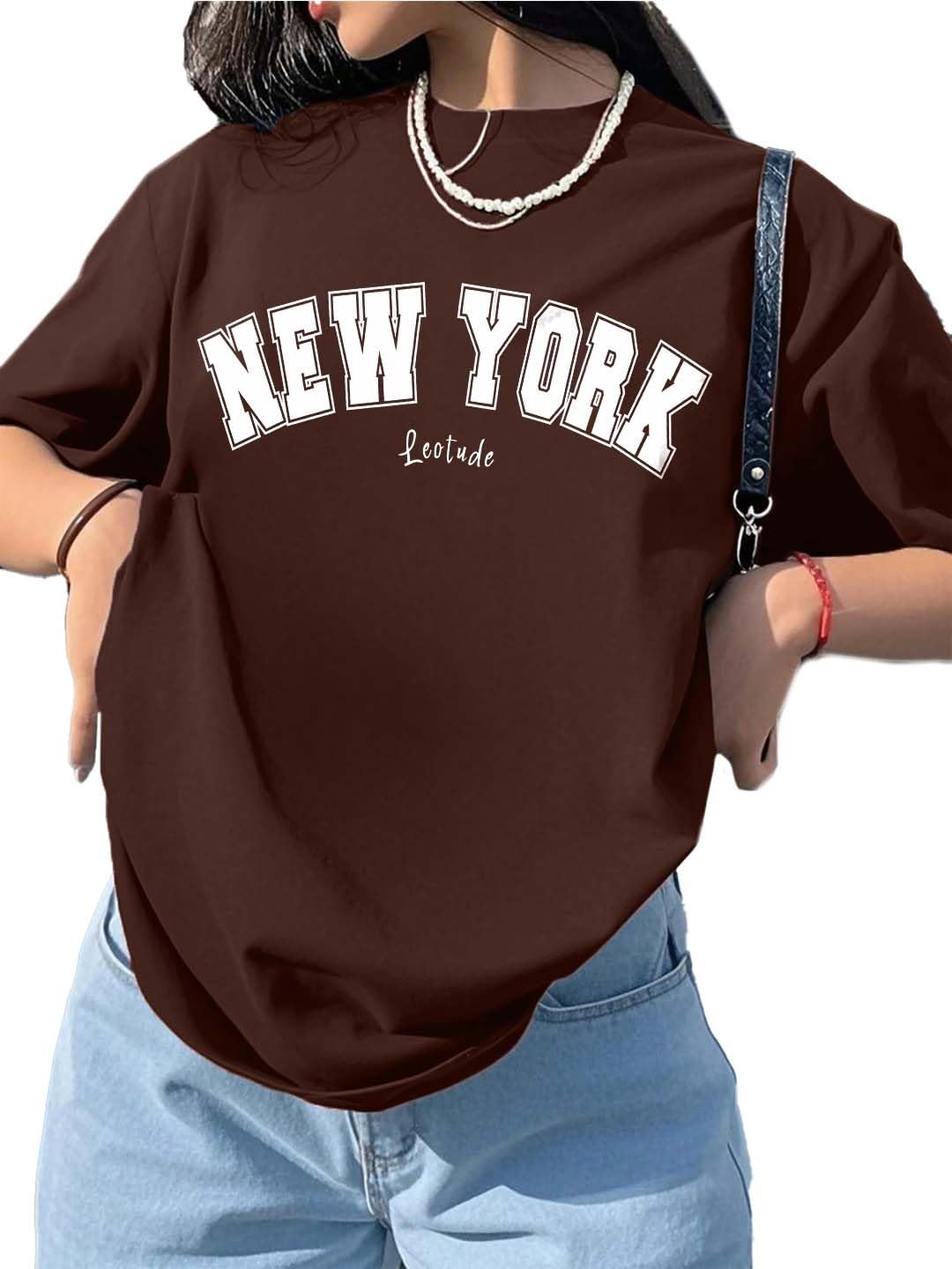 LEOTUDE Womens Half Sleeve Oversized T-Shirt - Brown