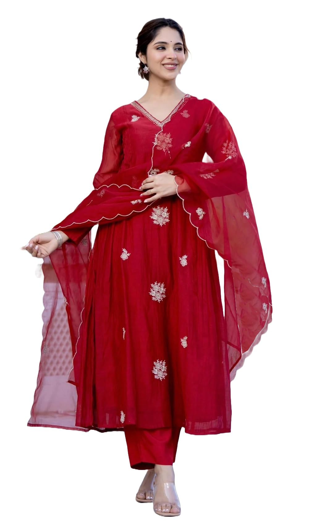 Nermosa Women's Embroidery Anarkali Kurta Set - Red