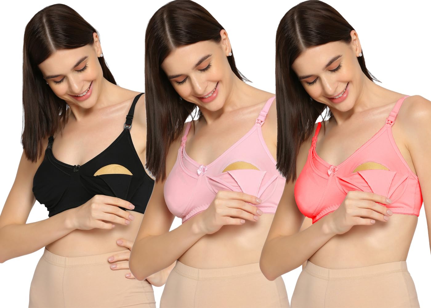 Evamomies Women's Cotton Lycra Feeding Bra - Black Pink Peach