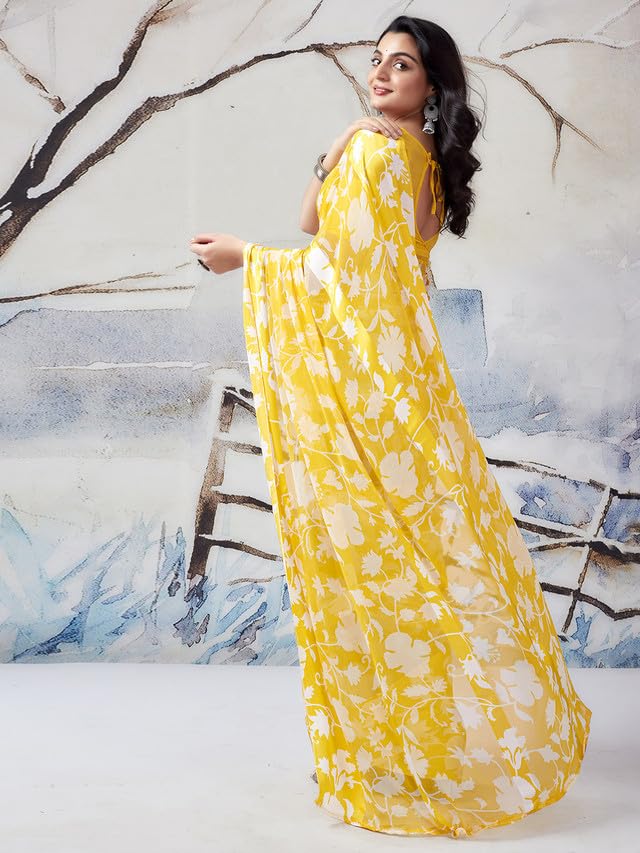 Satrani Georgette Floral Saree - Yellow - Image 5