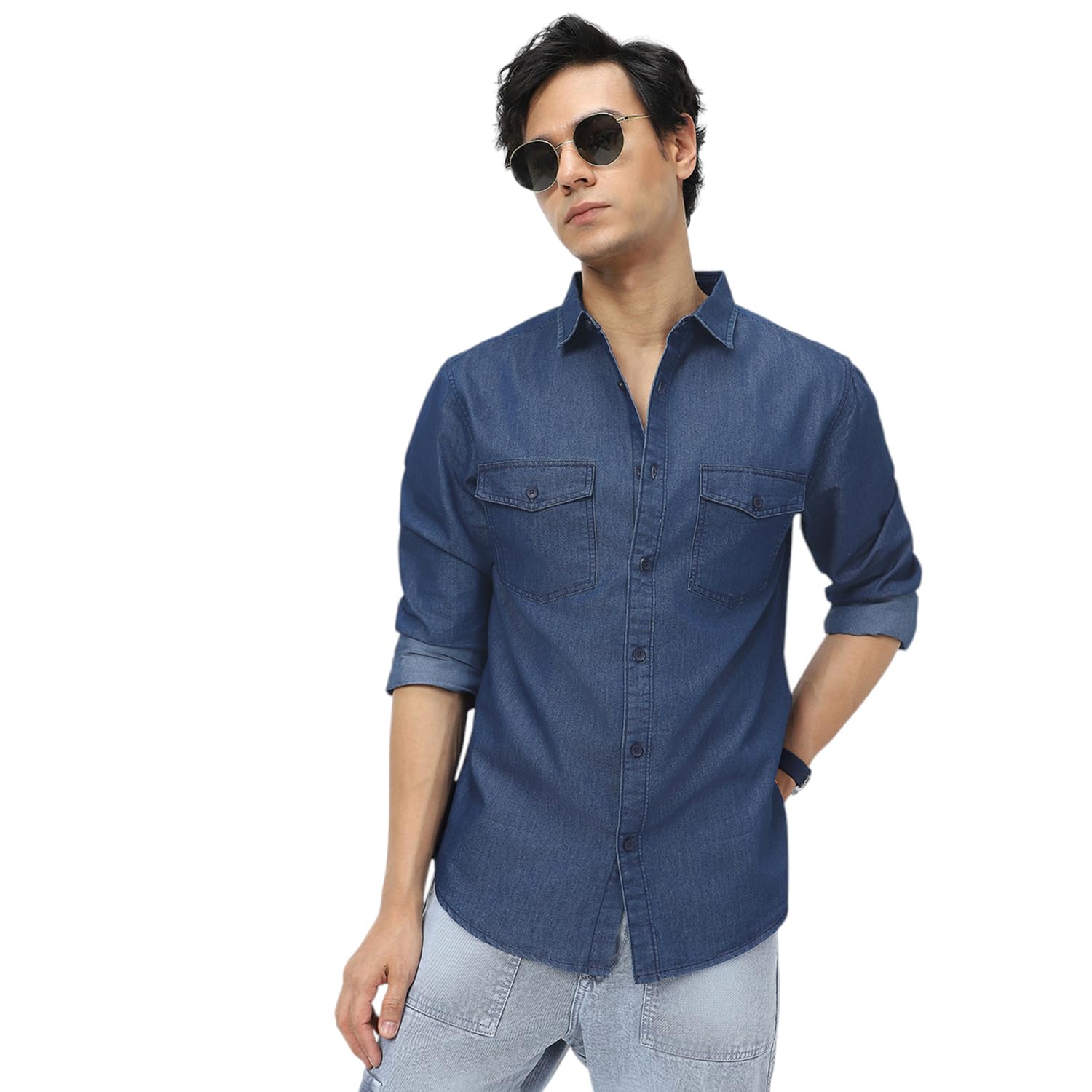 Urbano Fashion Men's Dark Blue Casual Denim Shirt