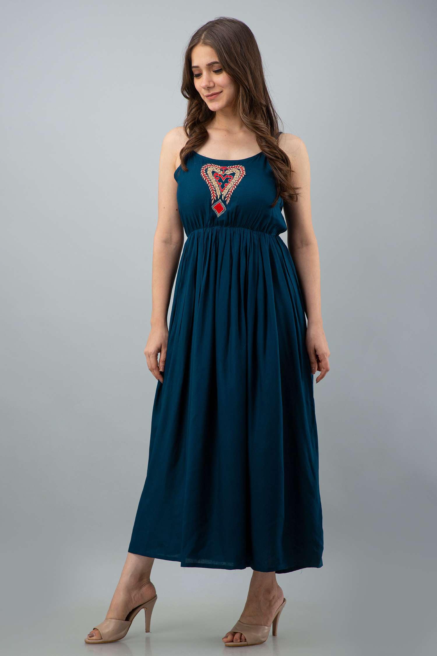 GarbGlide Women's Rayon Embroidered Anarkali Dress - Royal Blue - Image 4