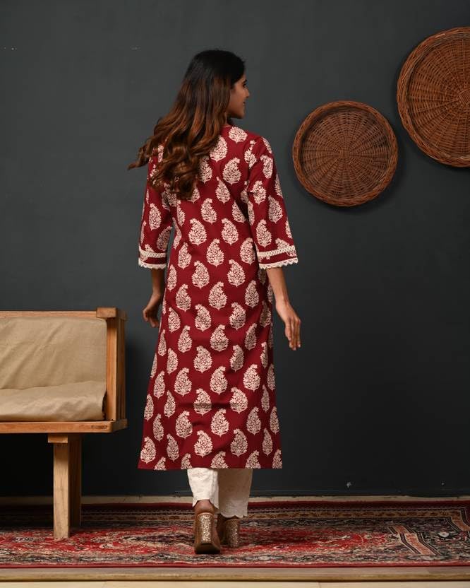 RAINDROP Women's Cotton Kurta - Maroon - Image 2