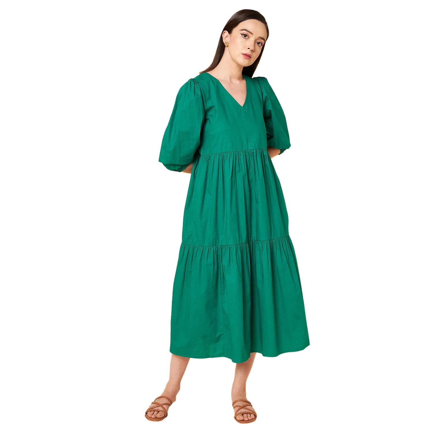 Green Cotton Pleated Maxi Dress for Women
