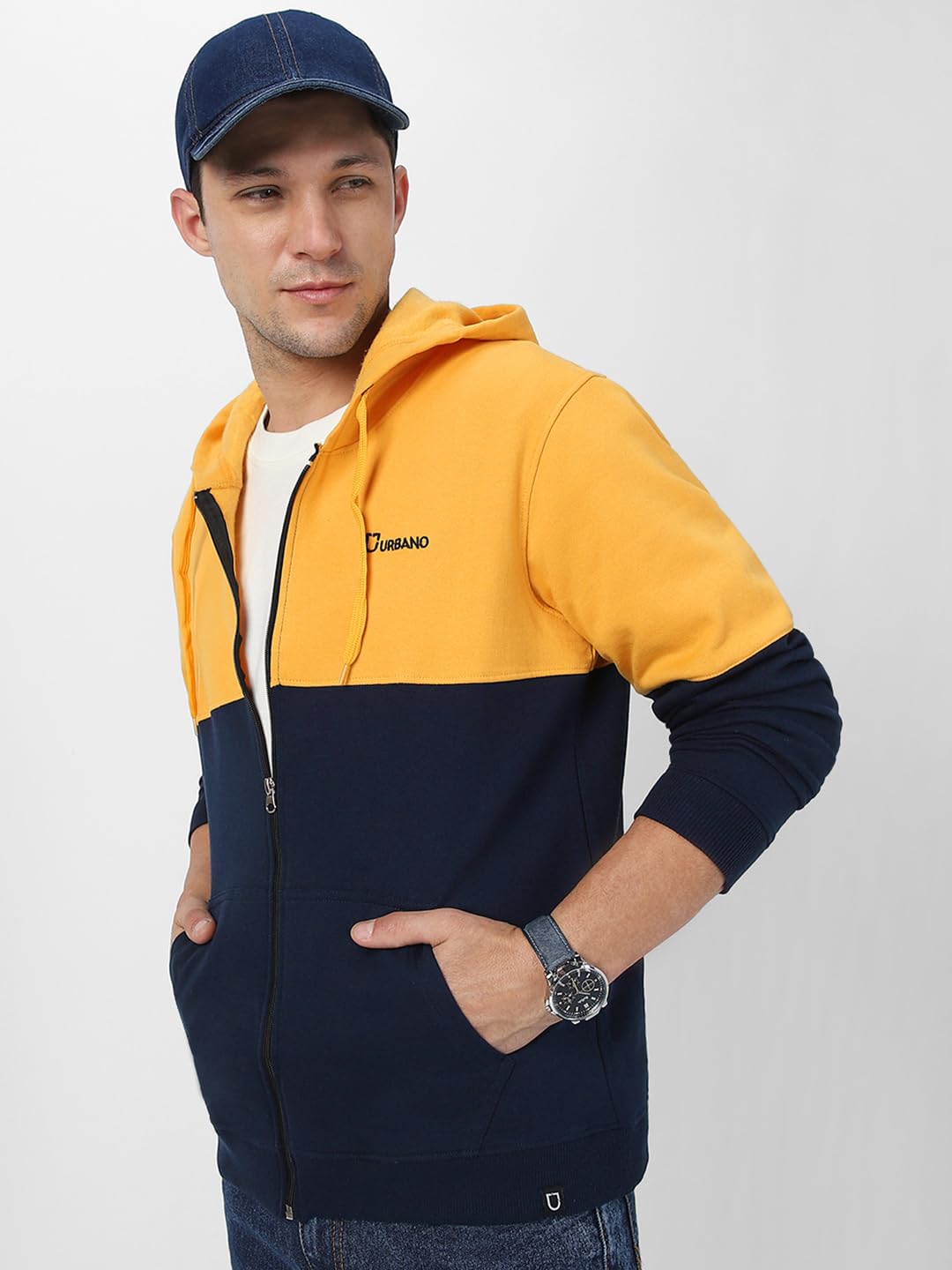 Urbano Men's Yellow Navy Color Block Cotton Hooded Sweatshirt - Image 2