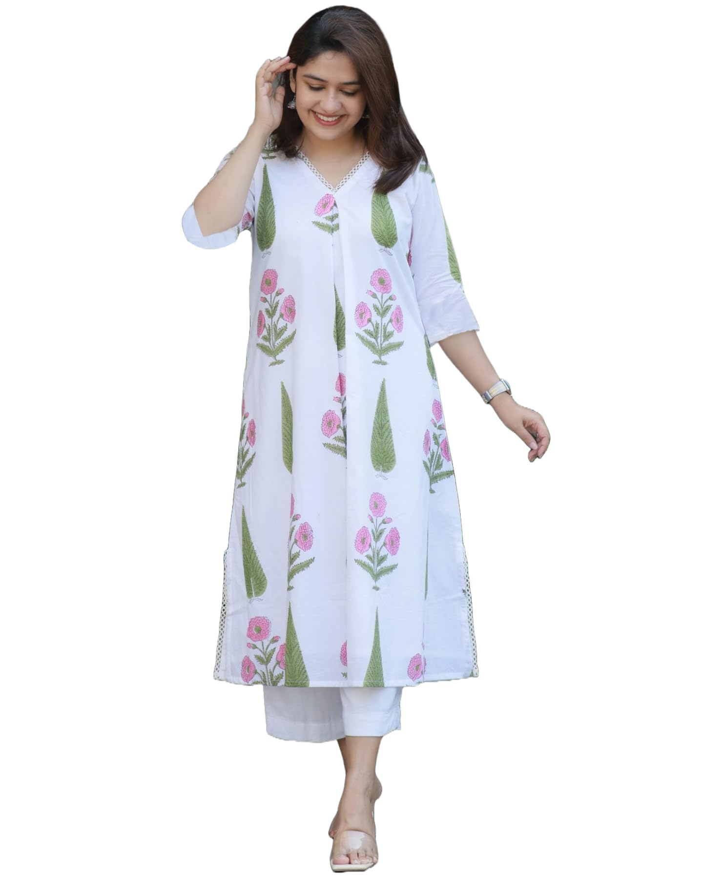 GoSriKi Women's White A-Line Kurta with Pant Set