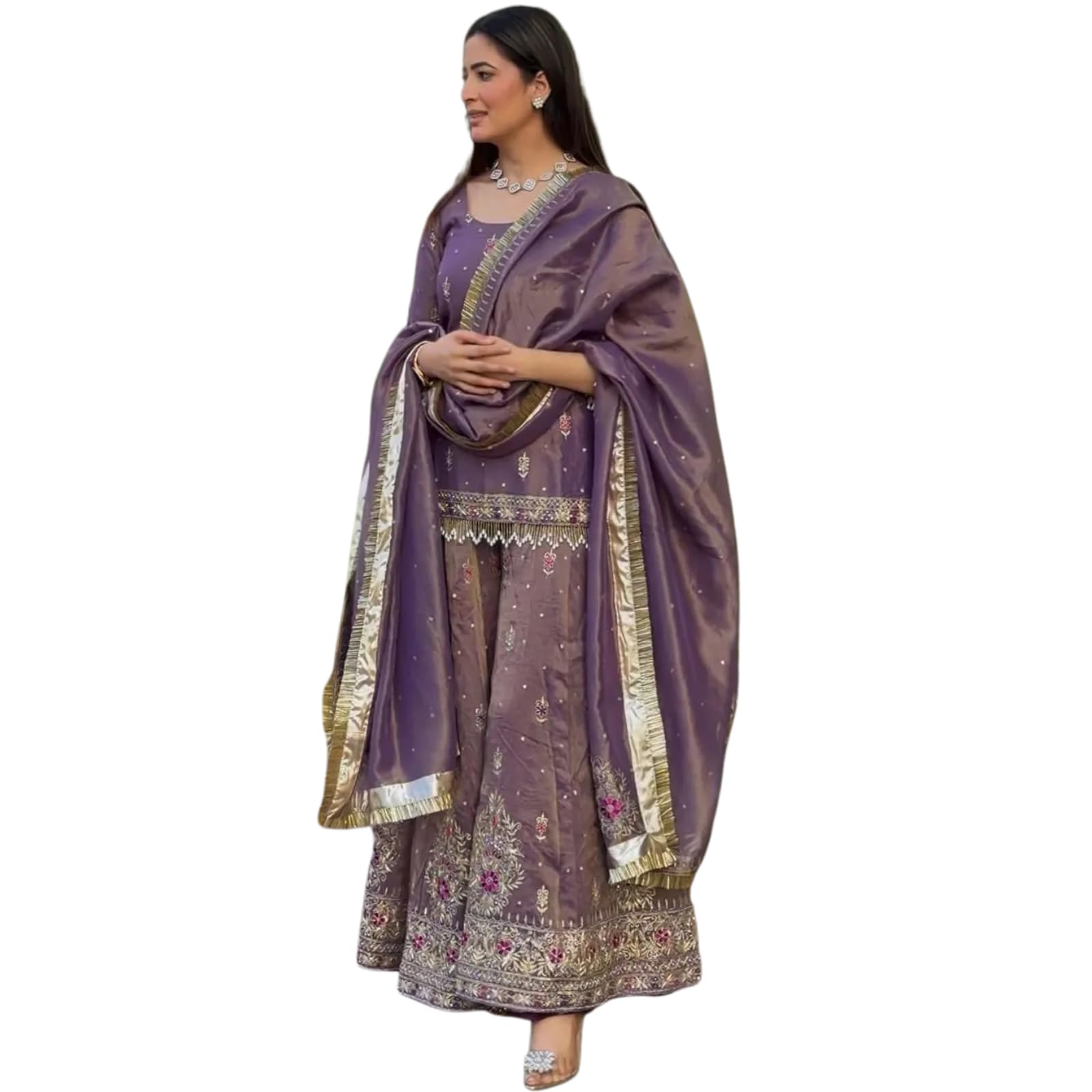 Purple Embroidered Sharara Suit with Dupatta