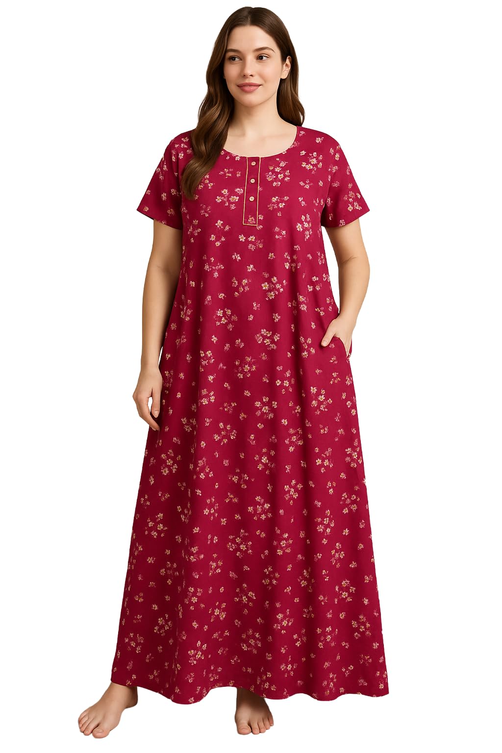 Cotton Maxi Nighty Dress for Women - Dark Pink