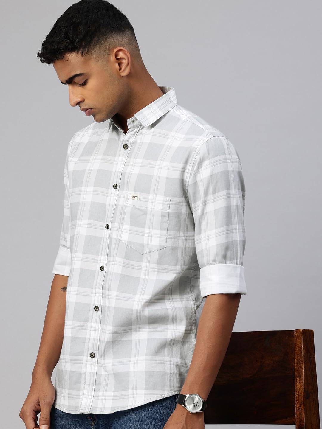 Majestic Man Checked Cotton Shirt for Men - Light Grey - Image 3