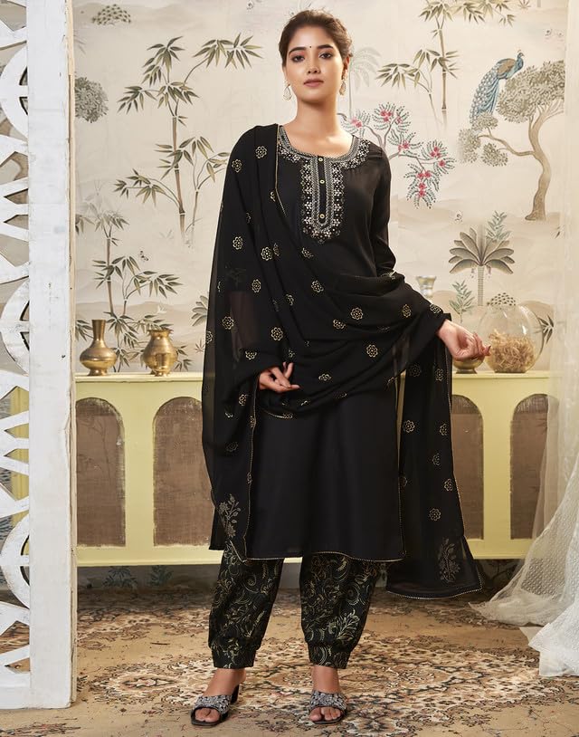 SIRIL Black Cotton Blend Kurta Set for Women - Image 2