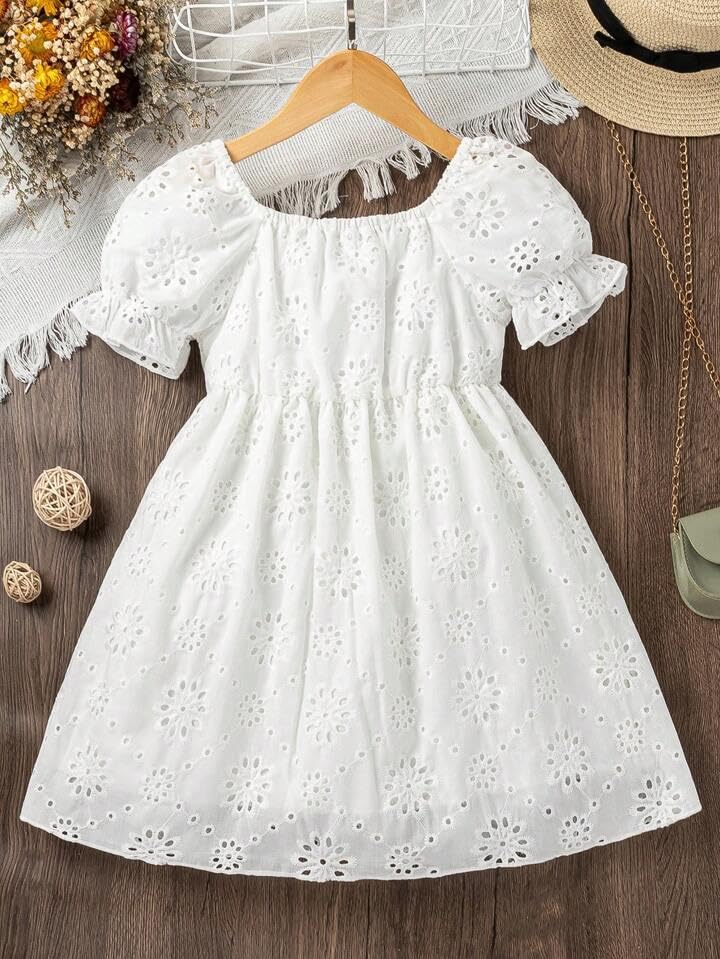 White Floral Eyelet A-Line Dress for Girls - Image 2